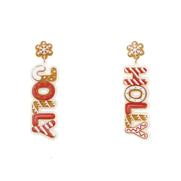 Joy of Christmas Festive Earrings: Dangle earrings shaped like "HOLLY" and "JOLLY" gingerbread cookies with snowflake studs. Available sizes: One size fits all.