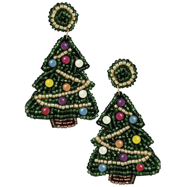 Joy of Christmas Festive Earrings": Beaded Christmas tree design with colorful ornaments and gold bead garlands. Sizes available: One size fits all.