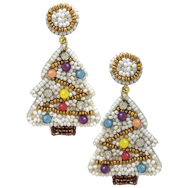 The Joy of Christmas Festive Earrings are Christmas tree-shaped with white and gold beads and colorful ornaments in red, blue, yellow, purple, and pink. Sizes available: One size fits all.