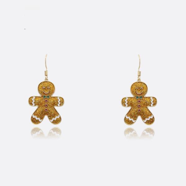 Joy of Christmas Festive Earrings feature a gingerbread man design with colorful detailing on a light gray background. Sizes: One size fits all.