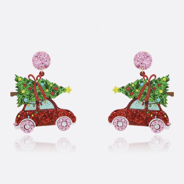 Joy of Christmas Festive Earrings feature red car charms with Christmas trees, multicolored accents, star ornaments, and pink circular studs. Sizes available: One size fits all.