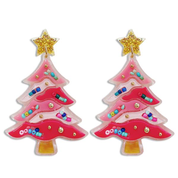 The Joy of Christmas Festive Earrings feature Christmas tree designs with pink and red segments, vibrant beads, and gold accents. Topped with a glittering gold star. Available in one size.