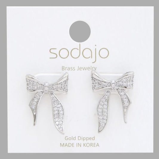 Rhinestone & metal bow earrings with clear stones, gold dipped. Sizes available: not specified.