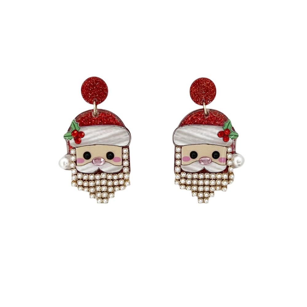 The Joy of Christmas Festive Earrings feature cartoon Santa faces with rhinestone beards, glittery red hats, holly accents, and red pom-poms. Size: One size fits all.