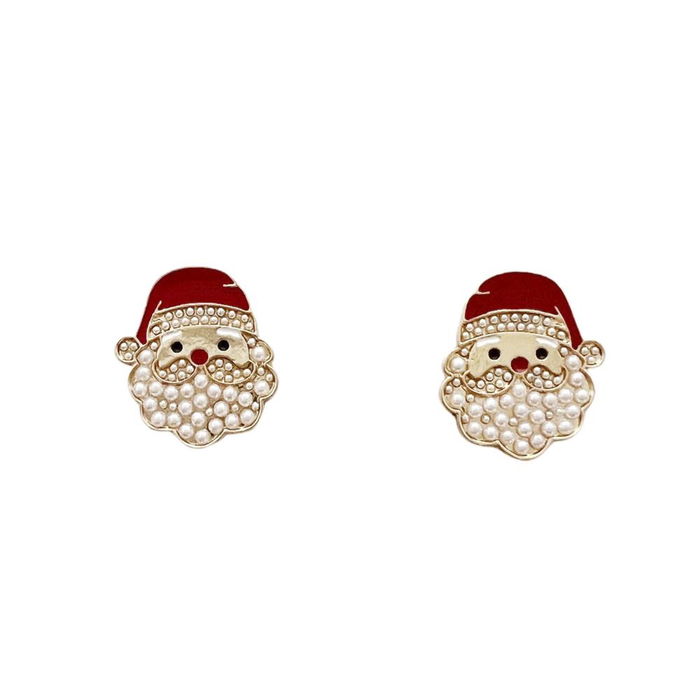 The Joy of Christmas Festive Earrings feature Santa Claus heads with red hats and beards adorned with small white pearls. Sizes available: One size.