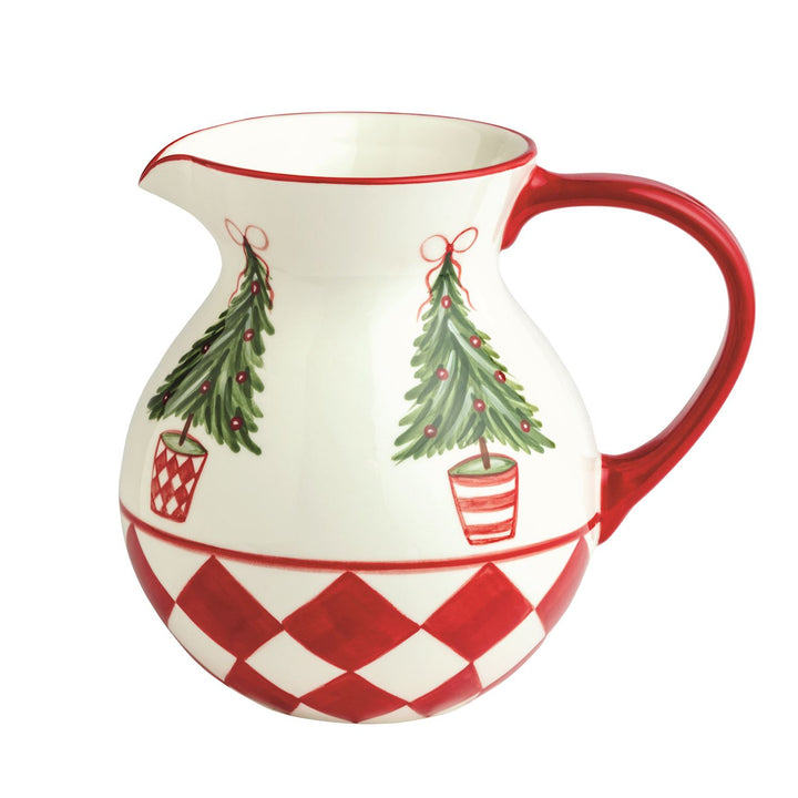 Bow Holly Pitcher with two trees and a red and white checkered base.