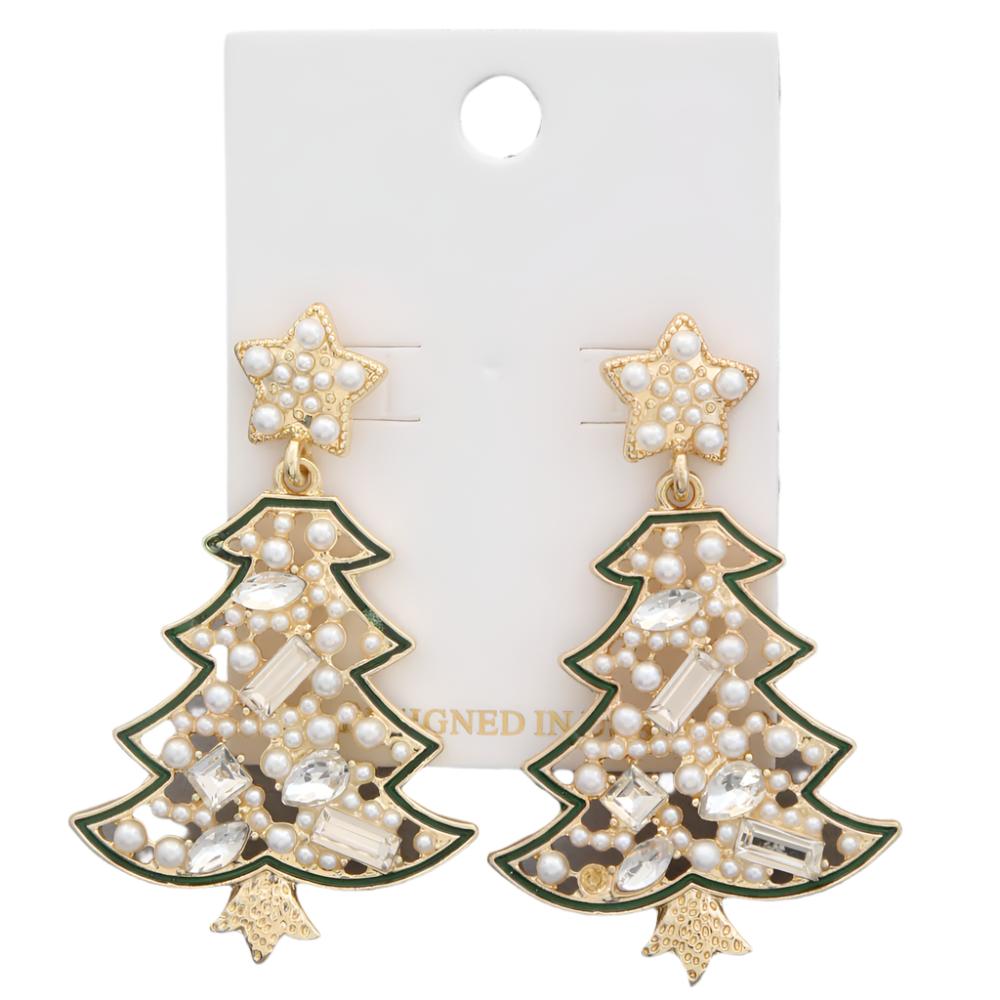 The Joy of Christmas Festive Earrings are shaped like Christmas trees, adorned with pearls and crystals, featuring a star design on top. Available in one size.