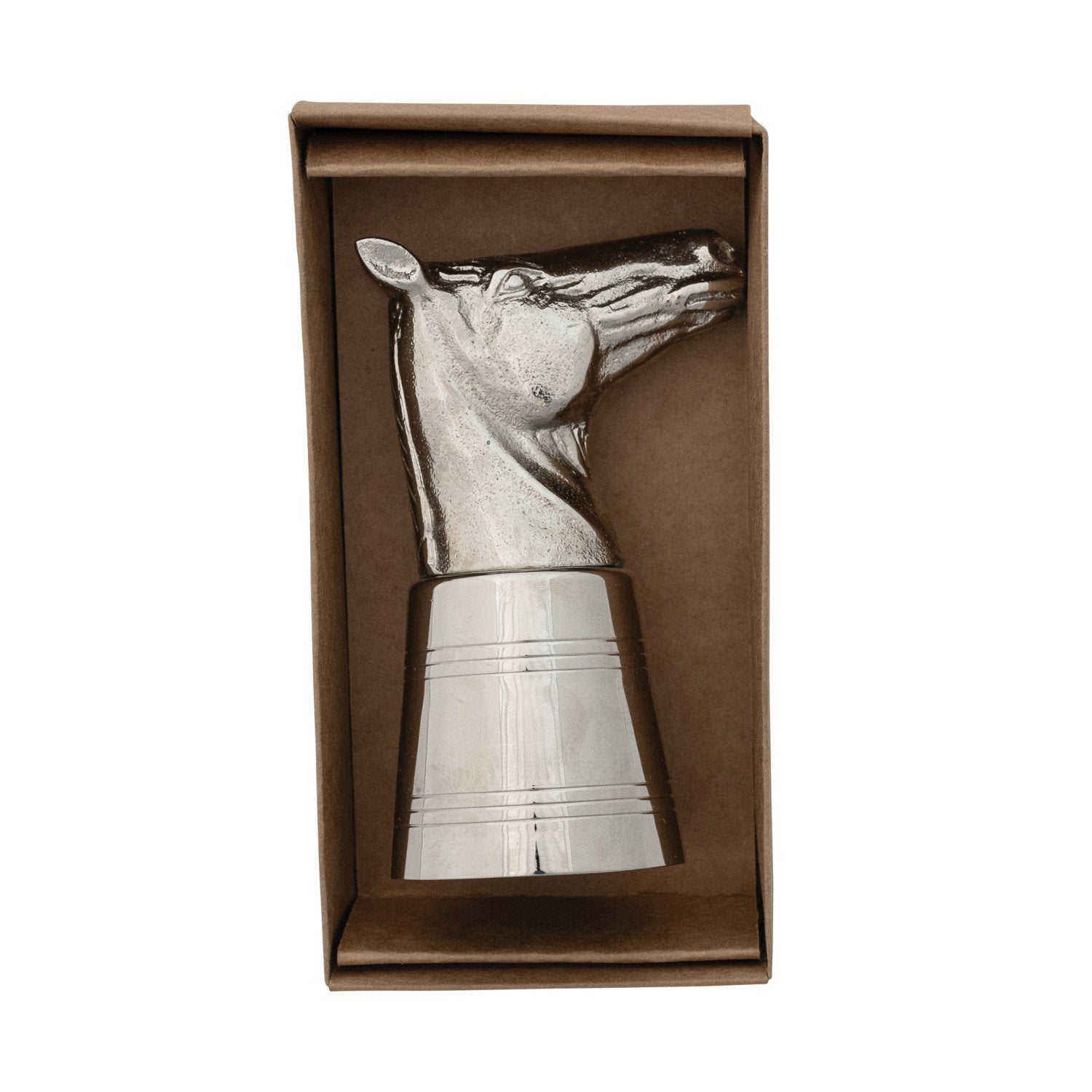Cast Iron Stainless Steel Jigger, horse head shape, available in 1oz and 2oz sizes.