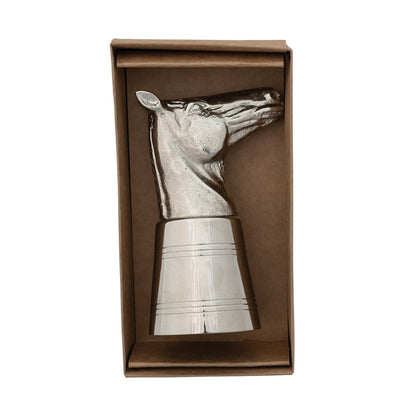 Cast Iron Stainless Steel Jigger, horse head shape, available in 1oz and 2oz sizes.
