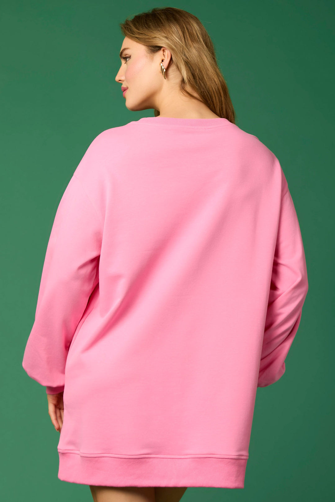 Pink long-sleeve crew neck festive dress with present applique. Sizes available.