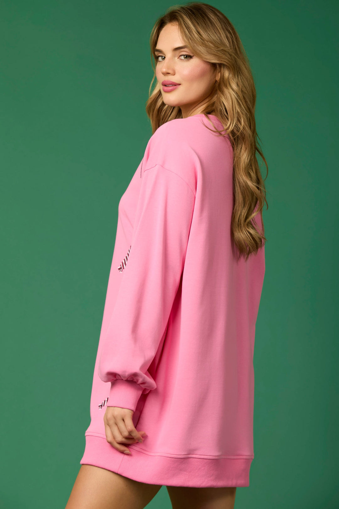 Pink long-sleeve crew-neck dress with present appliqué, ribbed cuffs, and hem. Available in multiple sizes.