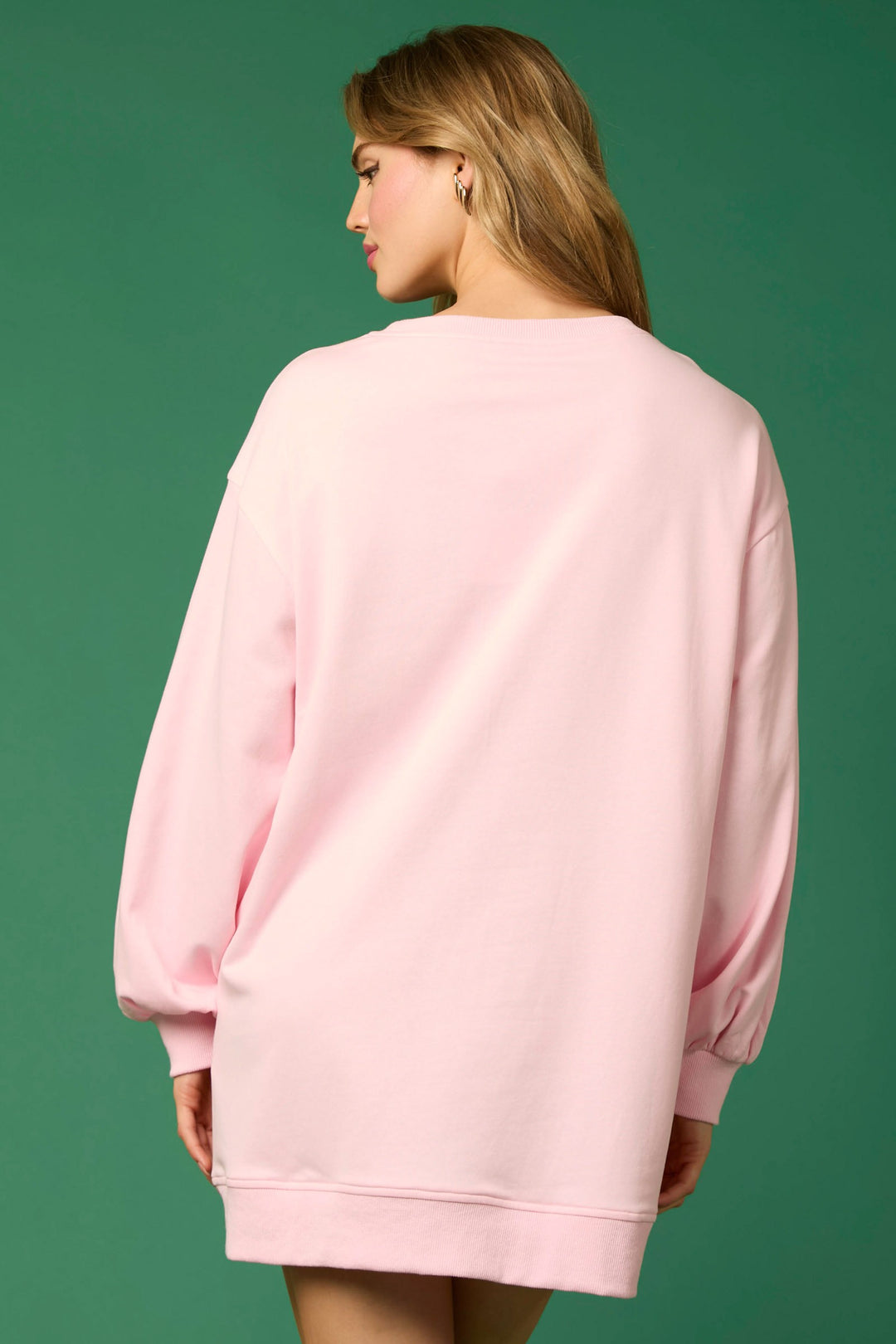 Light pink festive long sleeve crew neck dress with ribbed cuffs and hem. Available in multiple sizes.