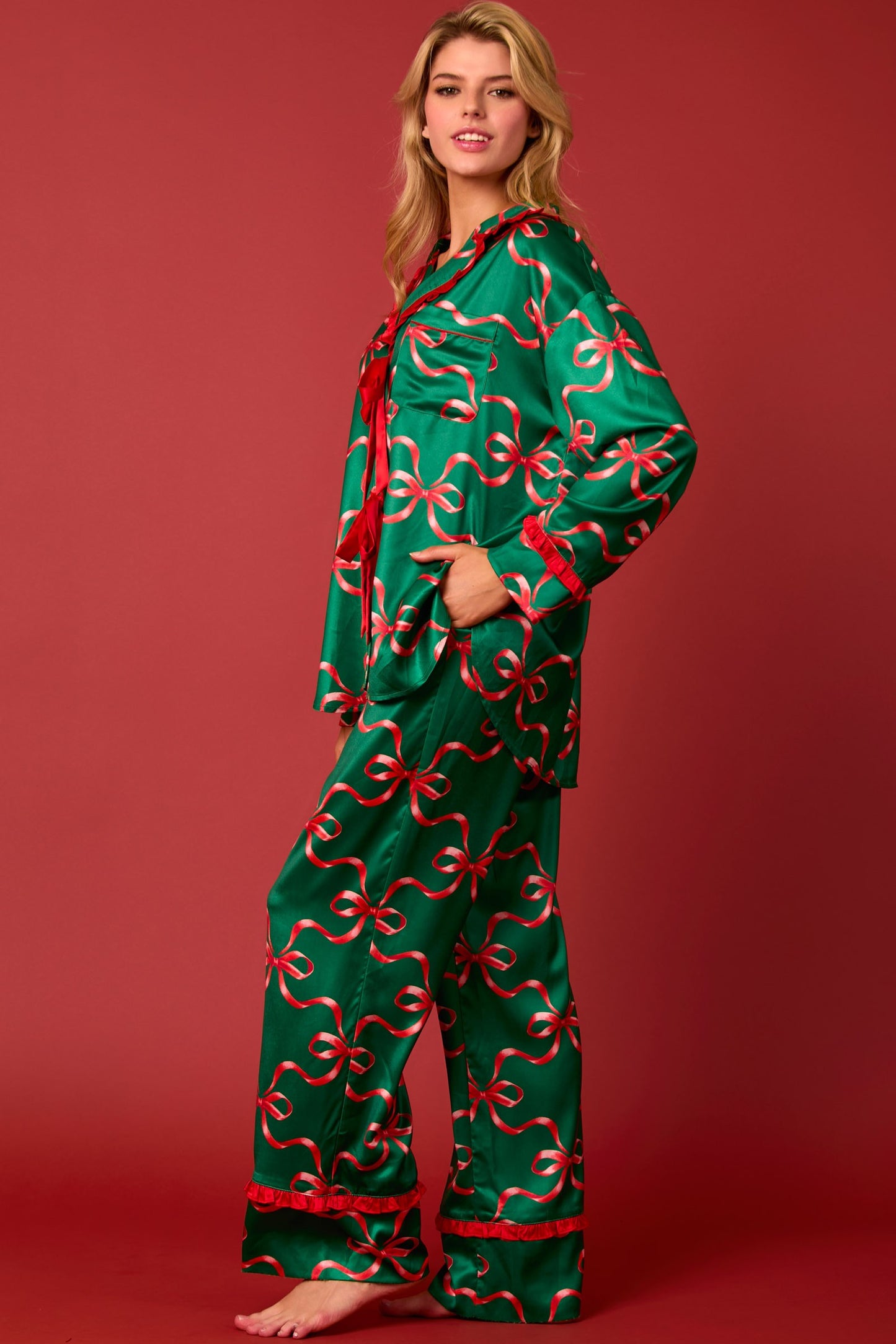 Satin Bow Prints Tie Front Ruffle Detailed Long Sleeve Pajama Set