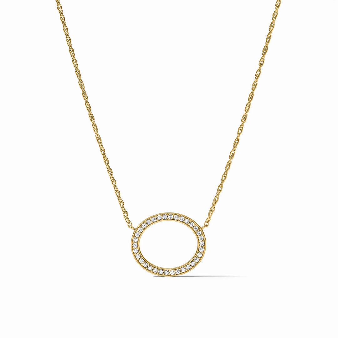Stardust Delicate Necklace, gold chain, circular CZ pavé-set diamond pendant.