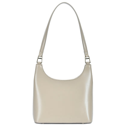 The Smooth Shoulder Bag is a minimalist beige accessory with a curved top, wide strap, sleek finish, metal fastenings, and a convenient phone pocket. Sizes available: One size.