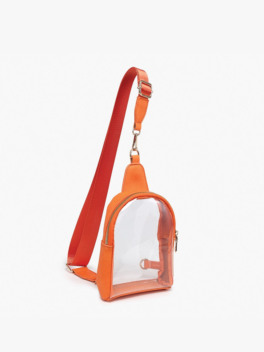 Small orange stadium sling bag with transparent front, wide adjustable guitar strap. Sizes available: small.