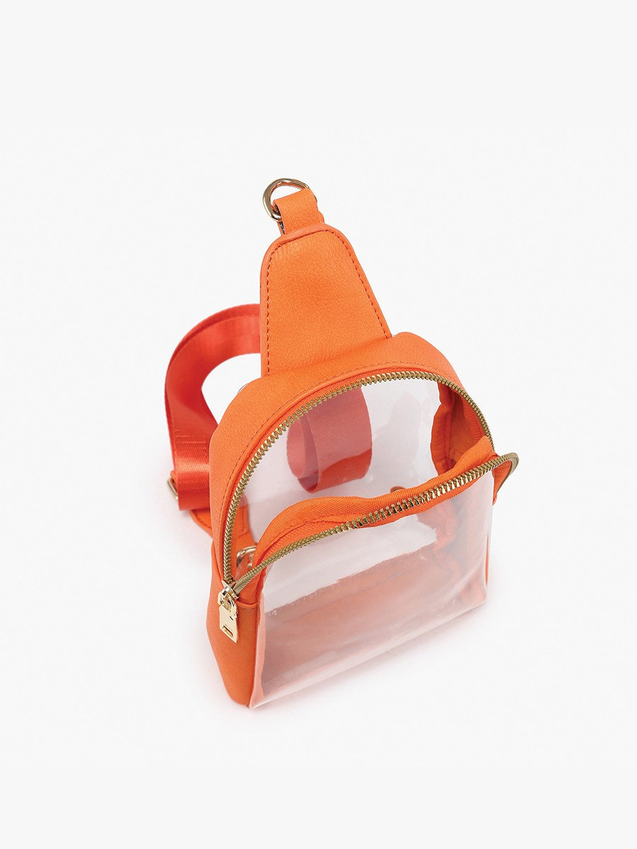 Orange Ellen Clear Sling Bag with clear front pocket, gold zippers, adjustable strap, top loop. Sizes: S, M, L.
