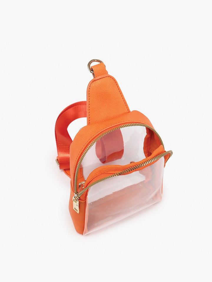 Orange Ellen Clear Sling Bag with clear front pocket, gold zippers, adjustable strap, top loop. Sizes: S, M, L.