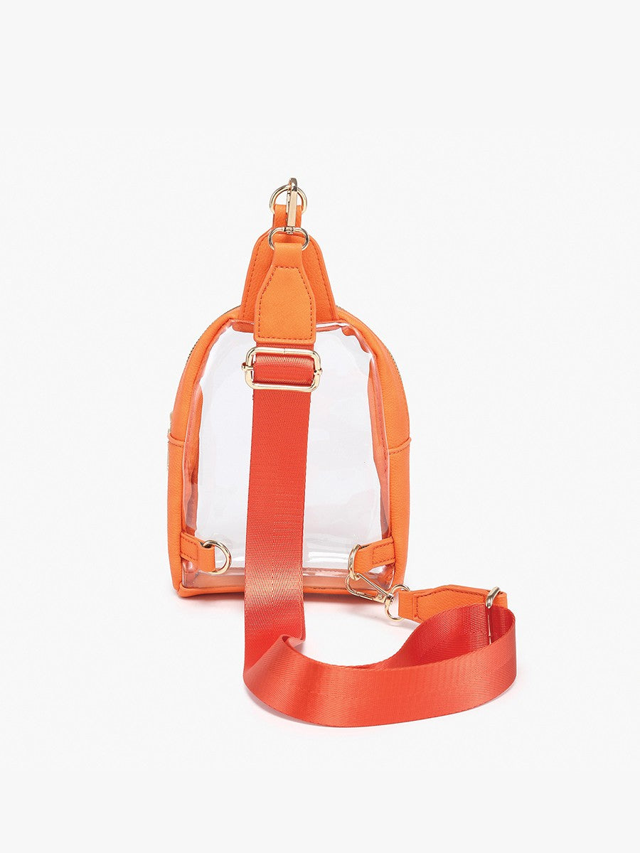 Clear sling bag with orange trim, gold hardware, wide red adjustable strap. Sizes: Small, Medium, Large.