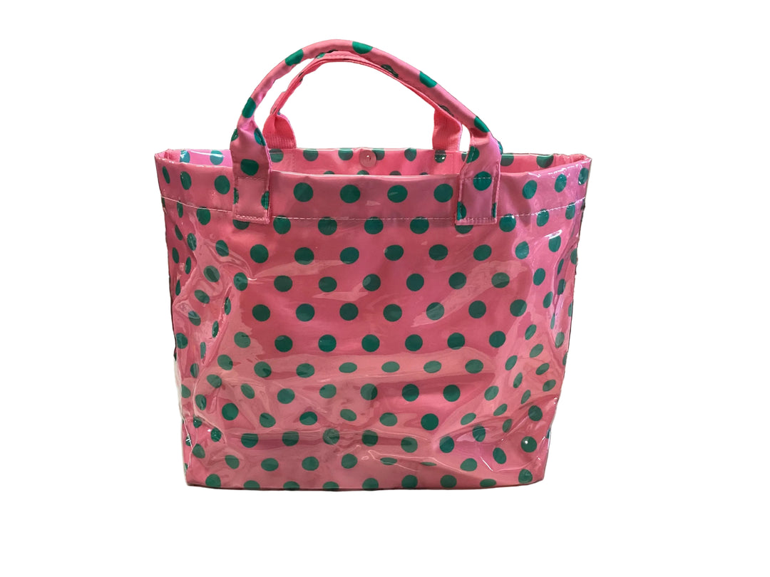Pink polka dot tote with dark green spots and two handles.