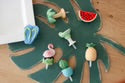 Sunning &amp; Funning Minis: colorful drink stirrers (flamingo, pineapple, flip-flops, watermelon, palm tree, cocktails), assorted sizes.