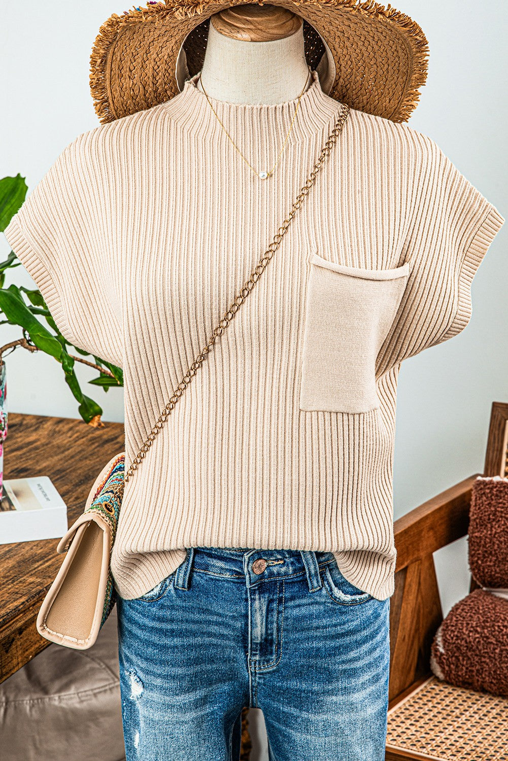 High-neck Patch Pocket Ribbed Knit Sweater. Sizes: S, M, L, XL.