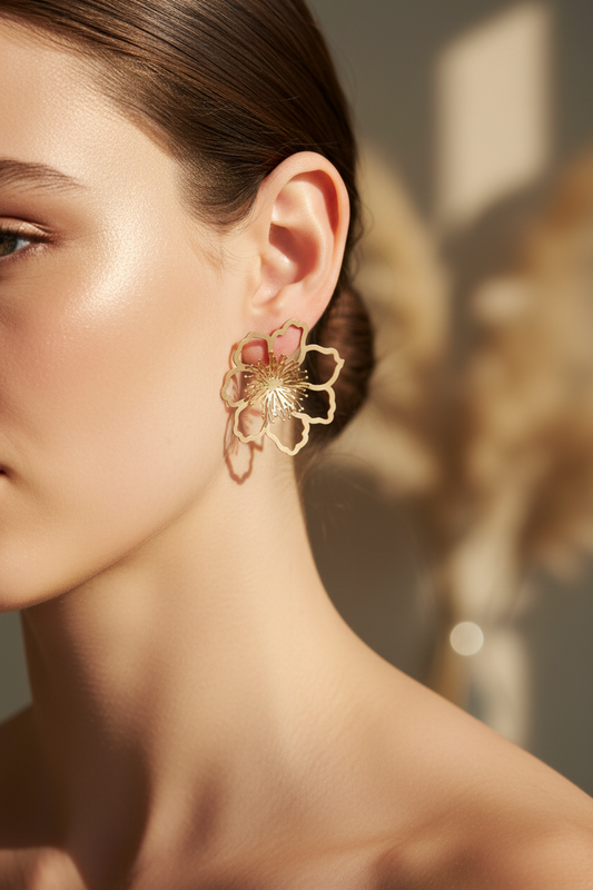 Charlotte Gold Flower Earrings, available in small and medium sizes, featuring an elegant floral design.