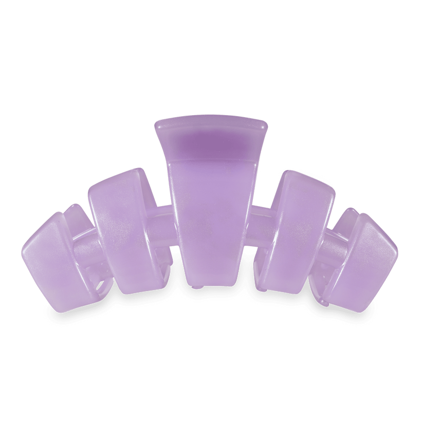 Light purple rectangular TELETIES hair claw, interlocking design, durable plastic. Available in multiple sizes.