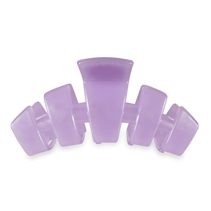 Light purple rectangular TELETIES hair claw, interlocking design, durable plastic. Available in multiple sizes.