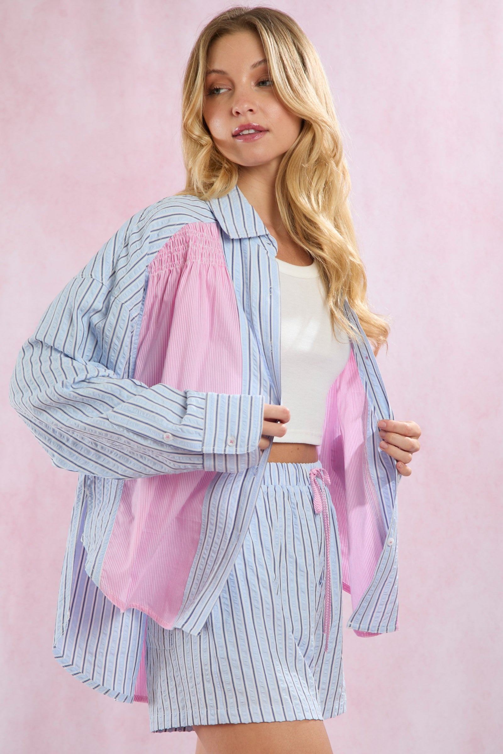 Stripe Mixed Shirring Detail Button Up Shirt with pink lining, available in sizes XS–XL.