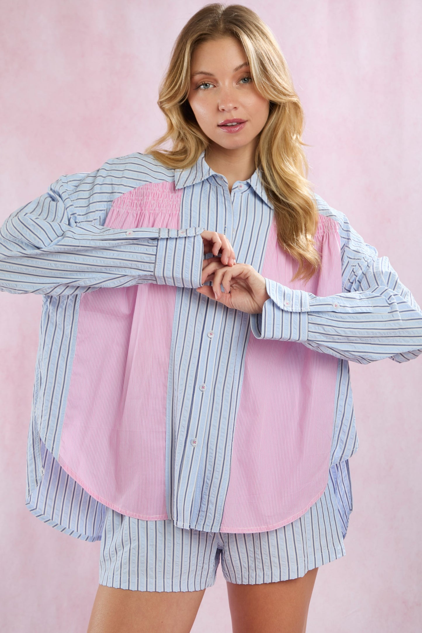 Stripe Mixed Shirring Detail Button Up Shirt with stripes and shirring detail. Available in sizes XS-XL.
