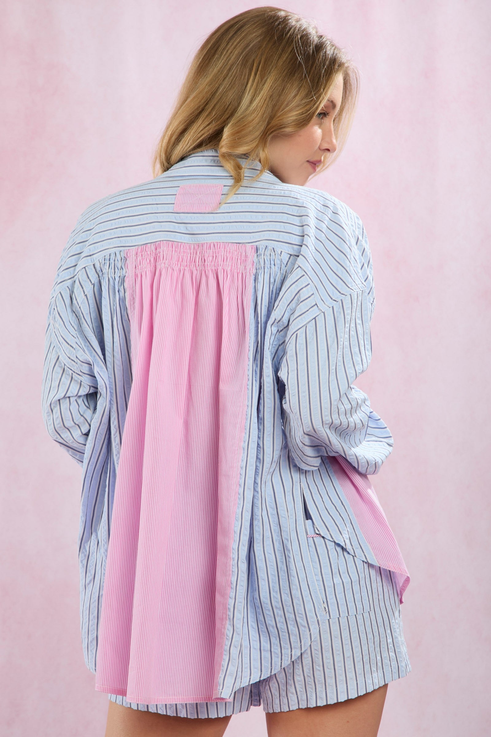 Stripe Mixed Shirring Detail Button Up Shirt: blue-and-white stripes, pink back panel. Sizes XS–XL.