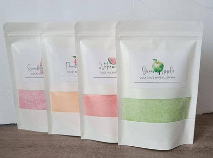 Wine & Cocktail Slush Mix Bags in green apple, watermelon, peach, and strawberry flavors. Available in standard 8 oz sizes.