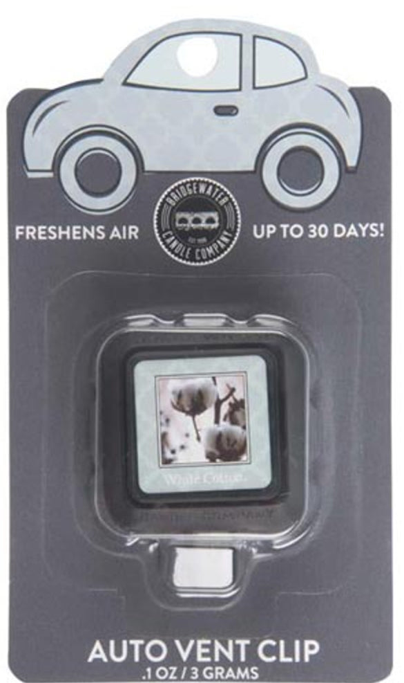 Bridgewater Candle Auto Vent Clip White Cotton, gray car-shaped air freshener, lasts up to 30 days. Size: one-pack.