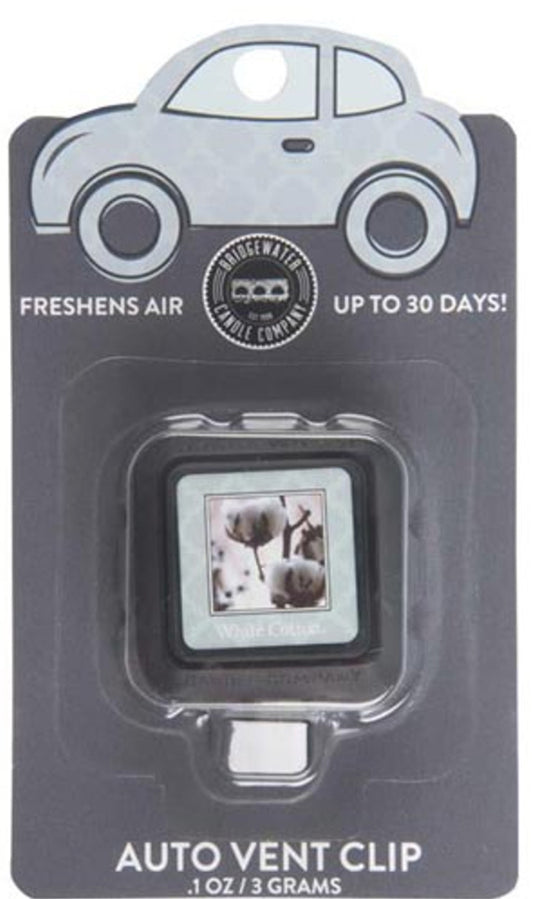 Bridgewater Candle Auto Vent Clip White Cotton, gray car-shaped air freshener, lasts up to 30 days. Size: one-pack.
