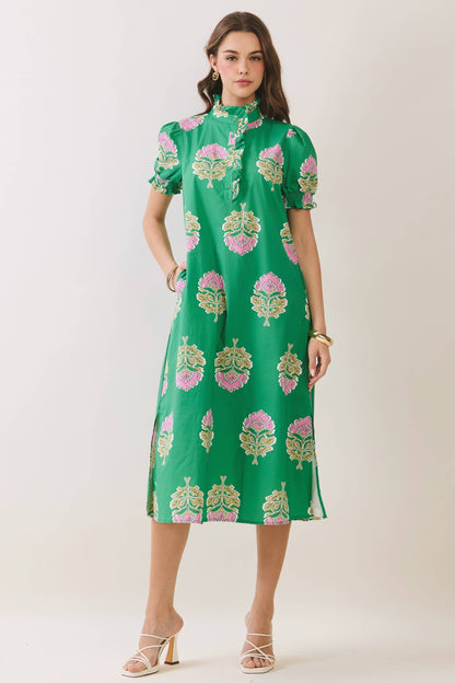 Green Floral Print Ruffle Collar Midi Dress
