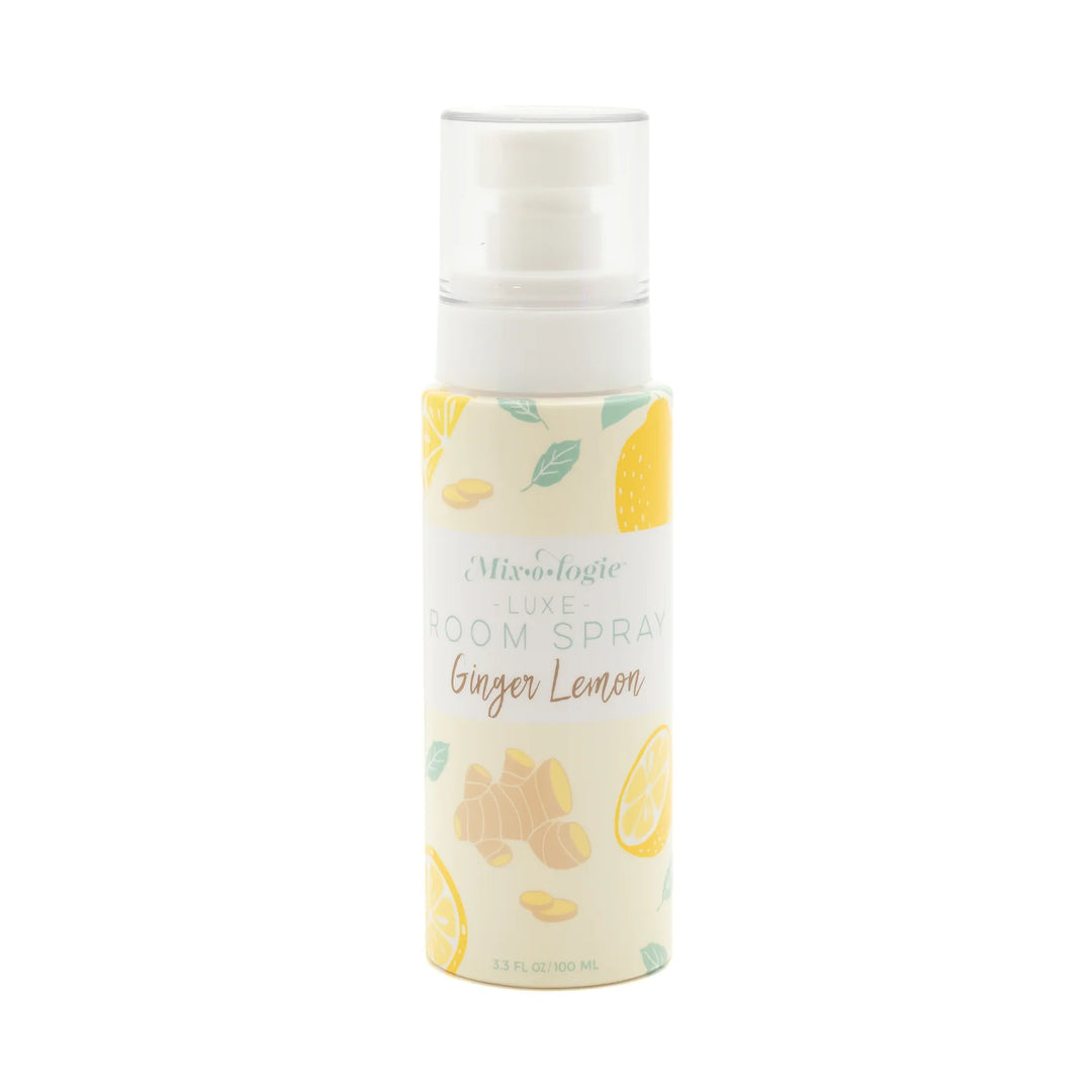 White and yellow Mix O Logie Ginger Lemon Room Spray bottle with fruit illustrations; available in 4 oz and 8 oz sizes.