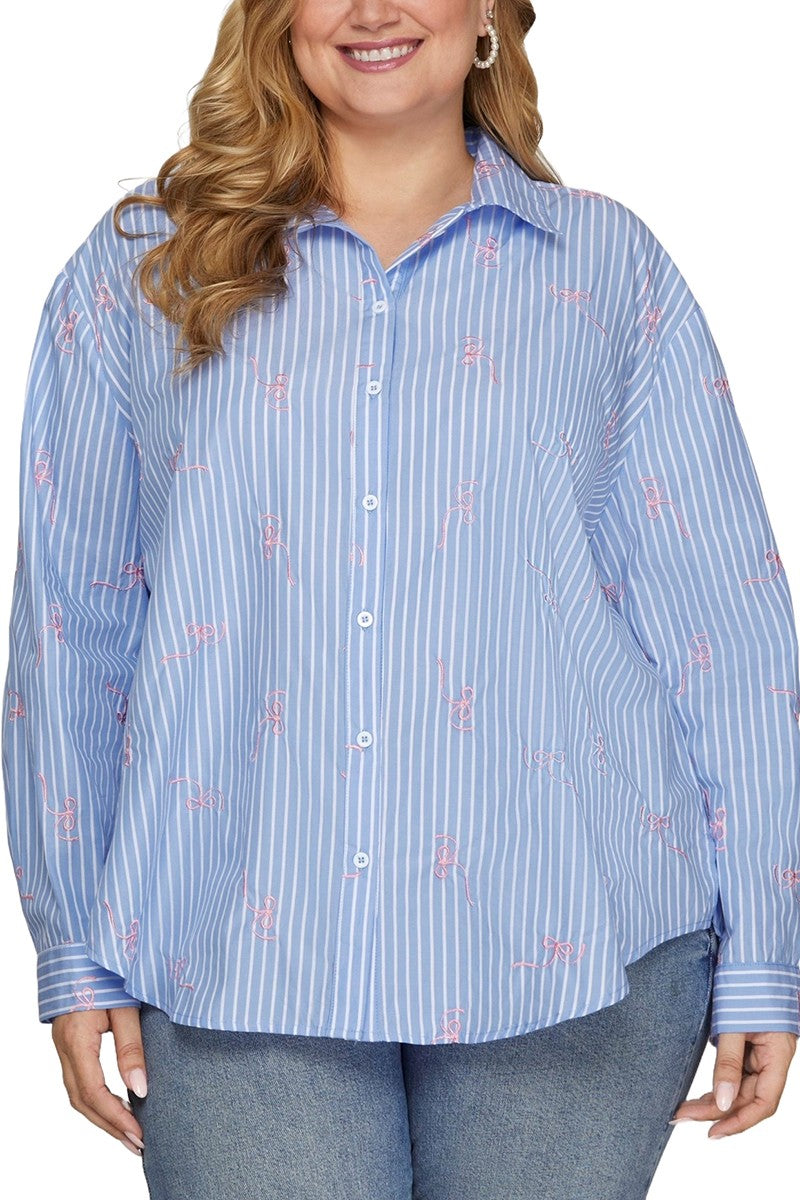 The Embroidered Bow Striped Button Down Top features blue and white stripes with pink floral embroidery. Available sizes: S, M, L, XL.