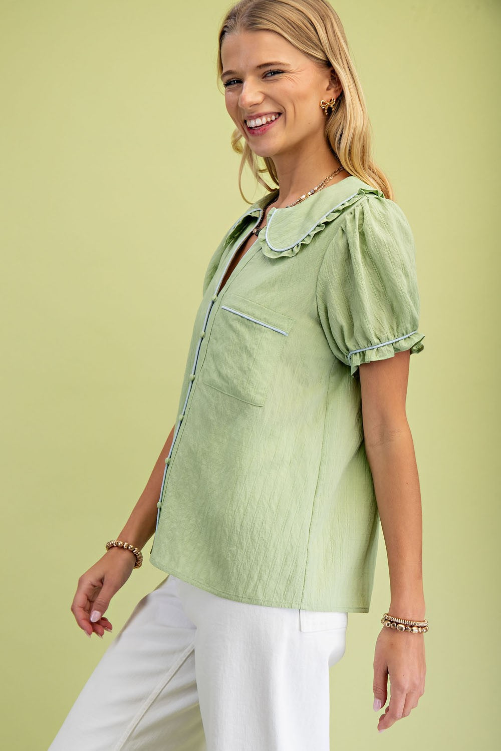 Ruffle Trimmed Peter Pan Collar Blouse in light green. Available sizes: XS, S, M, L, XL.