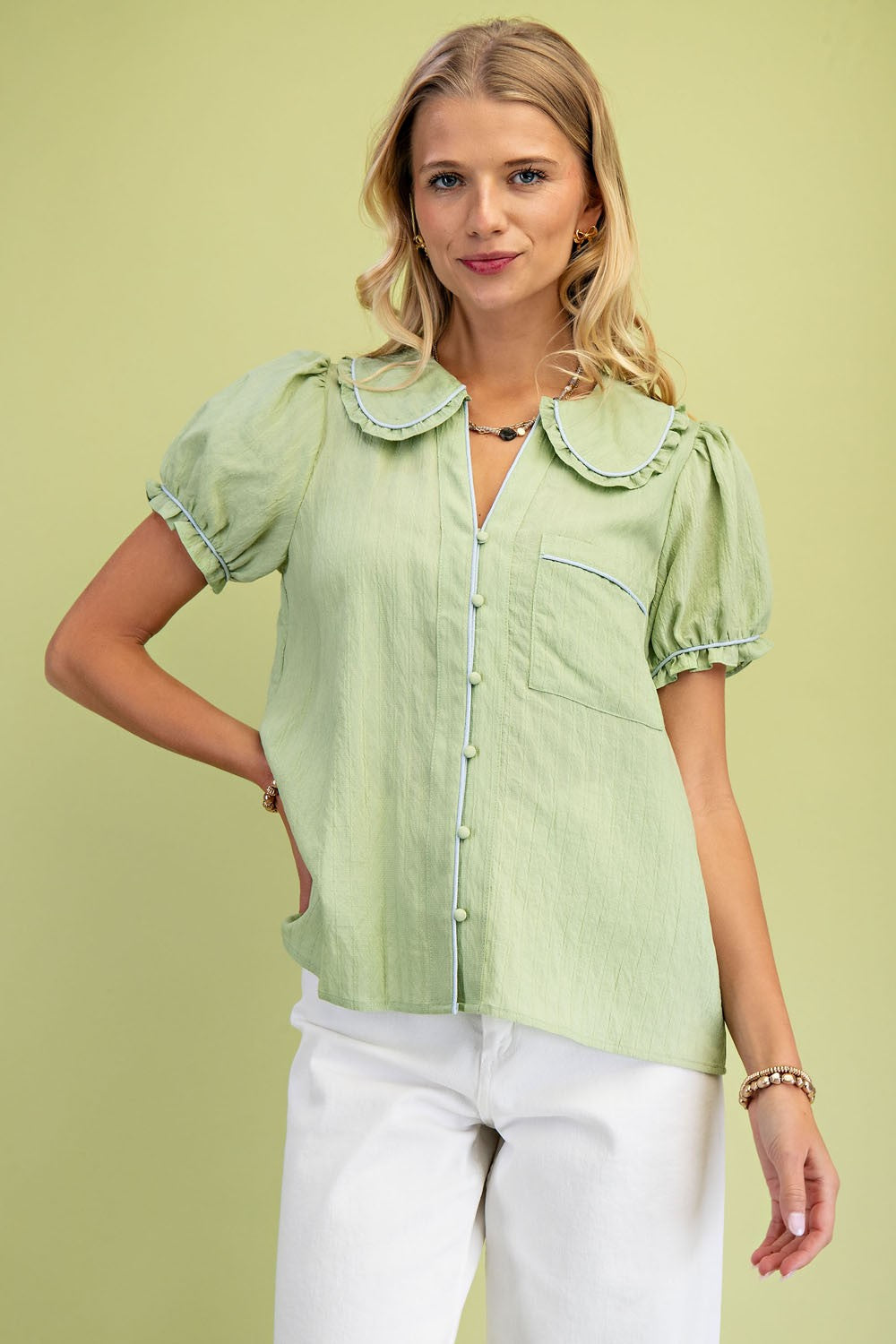 Light green Ruffle Trimmed Peter Pan Collar Blouse with puff sleeves. Available in sizes XS, S, M, L, XL.