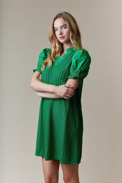 Greenly Dress with ruffle collar and textured fabric. Available in sizes XS-XL.