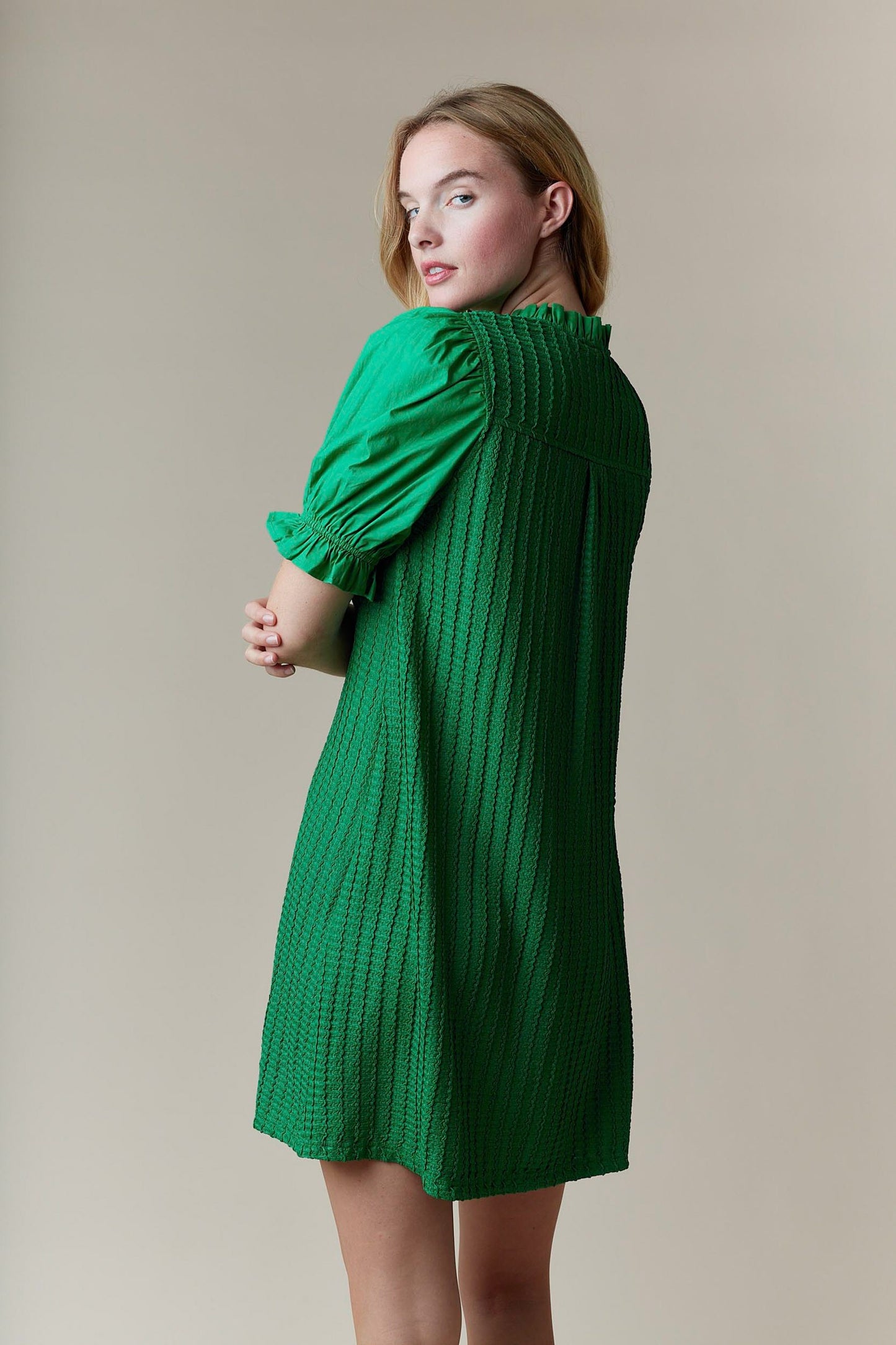 Greenly Dress with short sleeves, textured fabric, ruffle collar. Available in sizes XS–XL.