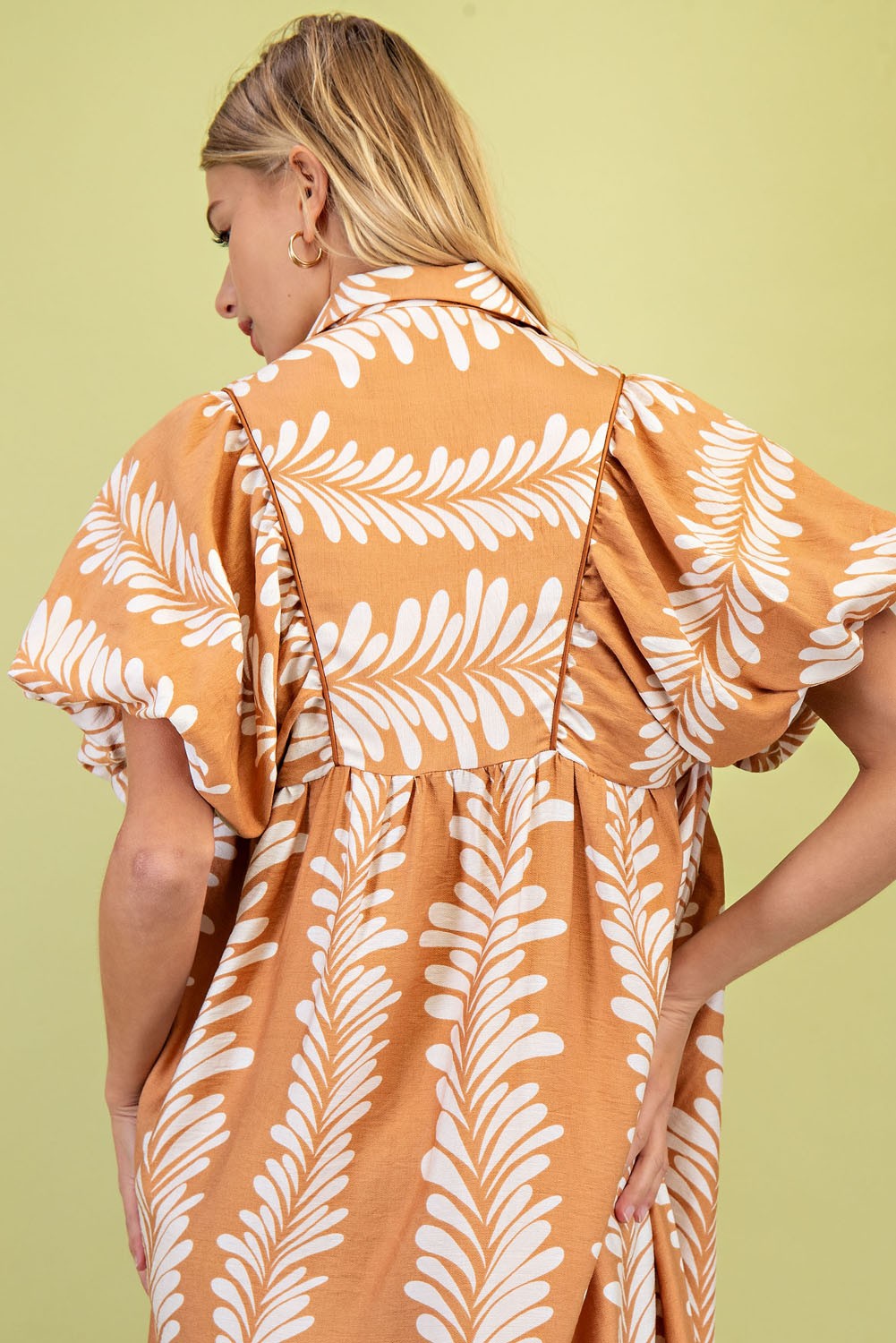 Printed Short Puff Sleeve Midi Dress in tan with white leaf pattern; available in XS, S, M, L, XL.