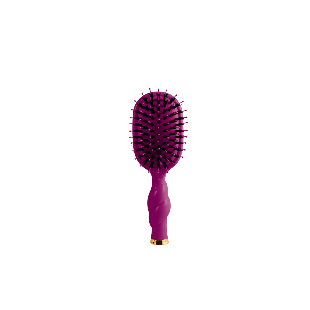 Mini Boar Bristle Hair Brush - Mulberry: purple spiral handle, gold base accent. Available in mini size.
