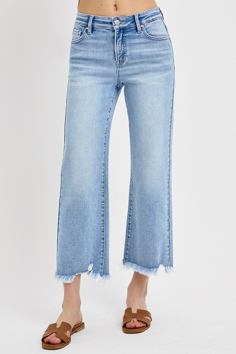 Risen Light Wash Mid Rise Crop Straight Jeans, available in sizes 24-32.