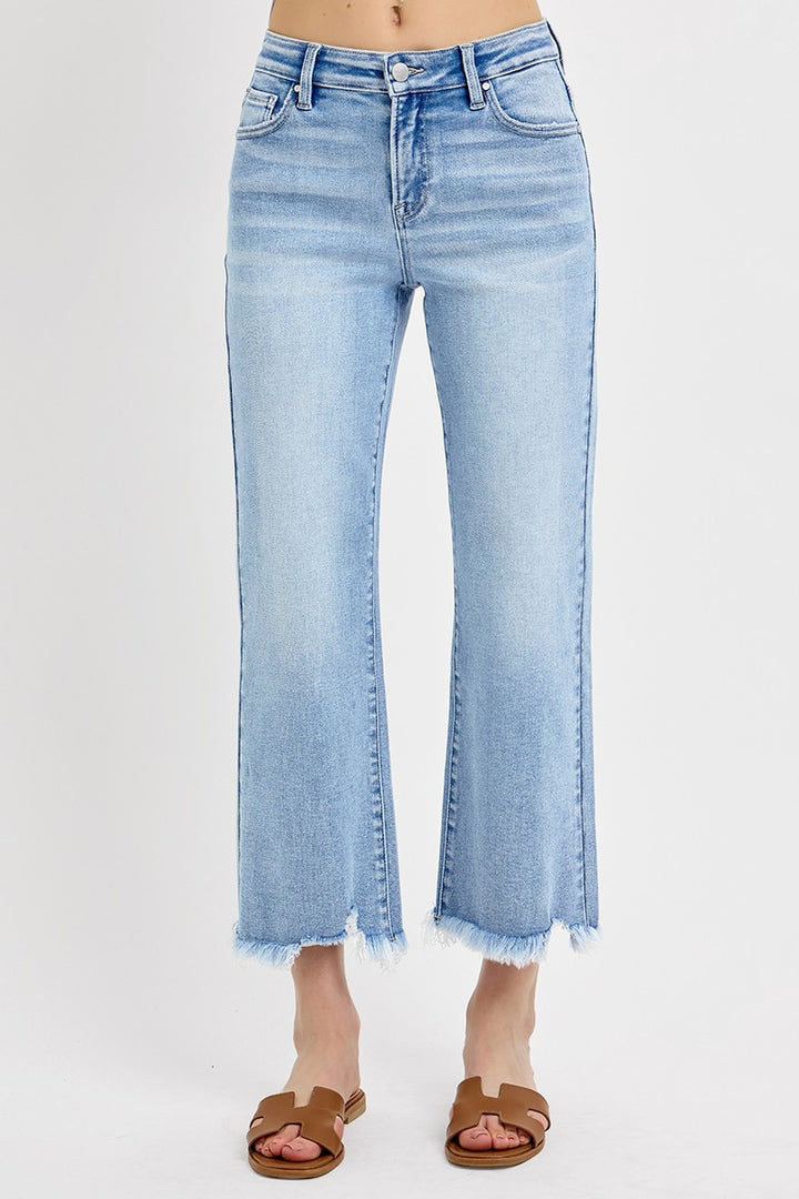 Risen Light Wash Mid Rise Crop Straight Jeans, frayed distressed hem; available in sizes 24-32.