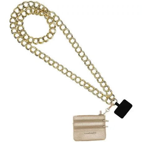 Beige zippered pouch with gold chain and black tag. Available sizes: small, medium, large. Crossbody phone accessory.