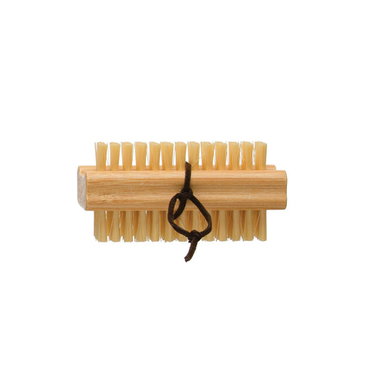 Bamboo Brush with light bristles on both sides, brown string loop handle. Available in small, medium, and large sizes.