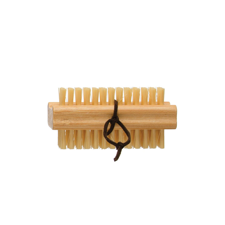 Bamboo Brush with light bristles on both sides, brown string loop handle. Available in small, medium, and large sizes.