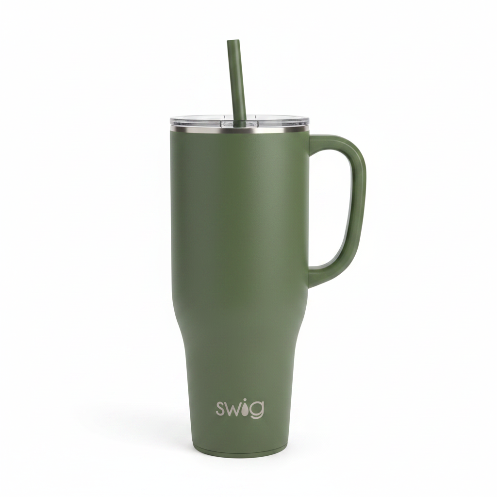 Olive Mega Mug 40oz: matte green, triple insulation, handle, clear lid, straw, "swig" logo. Dishwasher-safe. 40oz size only.